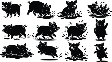 Black pig silhouettes in playful poses vector illustration © Rekha
