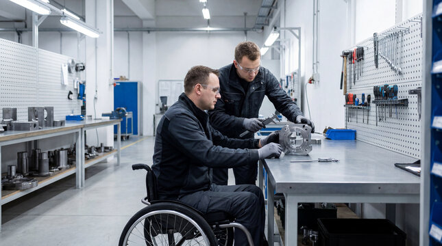 Wheelchair user inspecting component in workshop