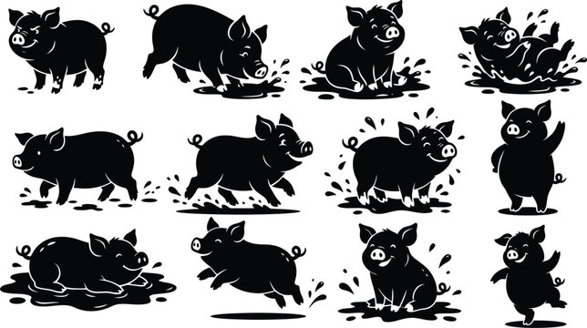 Black pig silhouettes in playful poses vector illustration