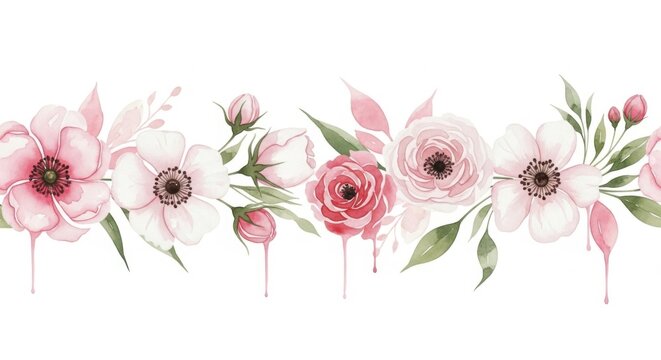 Zarte Aquarell-Blumenbord&uuml;re mit rosa Bl&uuml;ten und gr&uuml;nen Bl&auml;ttern auf wei&szlig;em Hintergrund, elegantes Design f&uuml;r Hochzeit und Karten. Generative KI