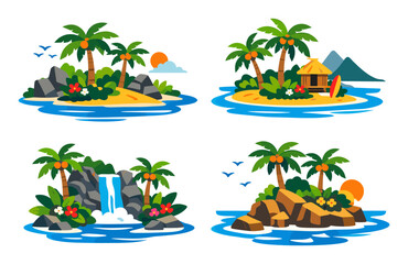 Obraz premium Tropical island collection illustrating different island landscapes with palm trees, waterfalls, beach huts and ocean waves for travel and summer concept