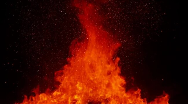 Bright orange flames rising from a fire pit against a dark background, representing destruction, transformation, energy, warmth, passion, power, and nature force