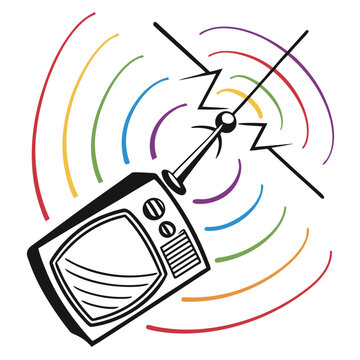 Retro television with colorful broadcast waves background.