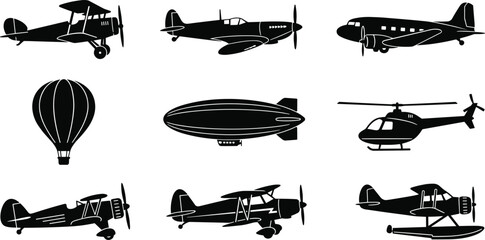 Collection of nine black silhouette representing various types of aircraft, including biplanes, fighter planes, transport planes, hot air balloons, airships, and helicopters © Md