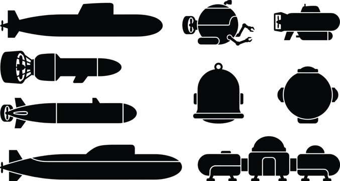 Collection of various submarine and underwater vessel silhouettes in black and white style