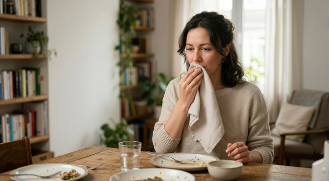Woman wiping mouth with cloth napkin at dining table. Person eating meal. Household lifestyle concept