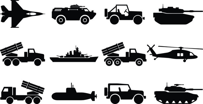 Collection of black military vehicle silhouettes including fighter jets, tanks, warships, submarines, helicopters, and missile launchers on a white background