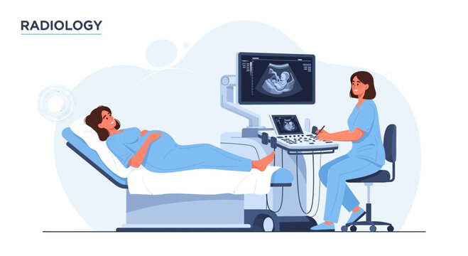 Pregnant woman undergoing ultrasound scan in radiology department, doctor operating machine