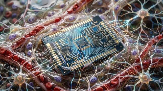 Futuristic microelectronics chip in a biological environment closeup macro, microchip technology biochip circuit, innovation