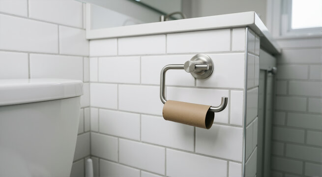 Empty toilet paper roll on a holder in a modern bathroom. Household chore concept