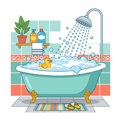 Naklejka premium Cartoon drawing of a home bathroom with a classic tub, shower, and floating toy duck for personal hygiene and relaxation