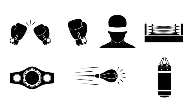 Compilation of boxing-related symbols, equipment, and iconography in minimalist black and white