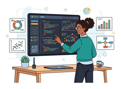 Woman standing at a desk, interpreting data visualization charts and programming code on a large screen with various metrics