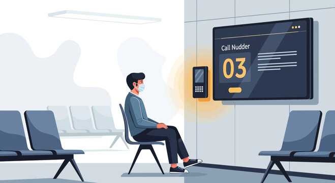 Patient wearing mask waits in clinic lobby, queue number displayed on screen