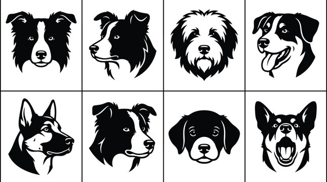 Collection of eight different dog breed head portraits in black and white style featuring various expressions and angles on a white background