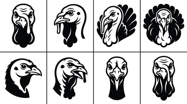 Set of eight turkey head portraits in black and white style featuring various angles and expressions on a white background