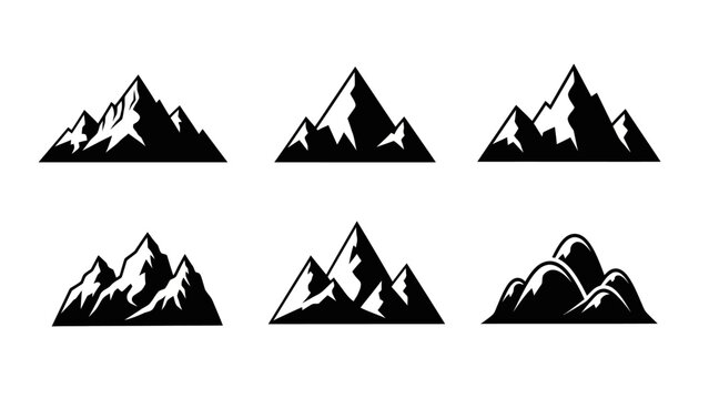 Collection of six unique mountain range vector icons for landscape designs and outdoor adventure