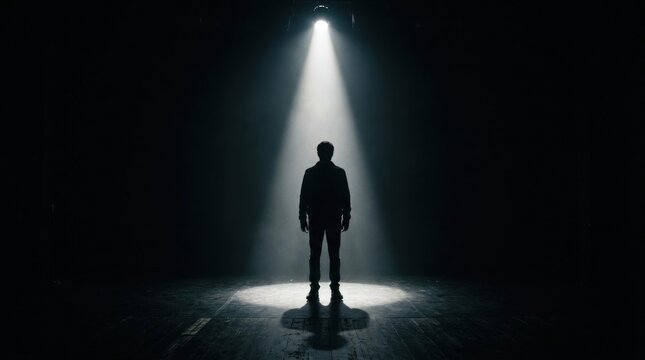 Silhouette of a person standing under a bright spotlight in a dark room, dramatic shadow and mystery figure stage backlight.