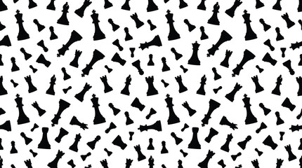 Seamless pattern featuring black chess piece silhouettes including kings, queens, rooks, bishops, knights, and pawns arranged randomly on a plain white background, for strategic © Md