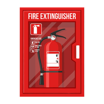 Fire extinguisher inside a red wall-mounted cabinet, showing emergency use steps for effective fire safety and protection