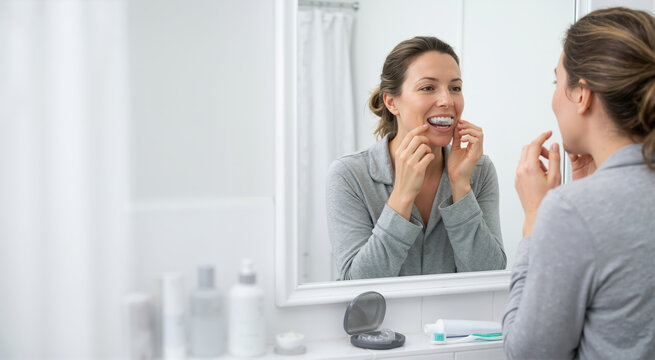 Woman wearing night guard for teeth grinding. Dental health and sleep care