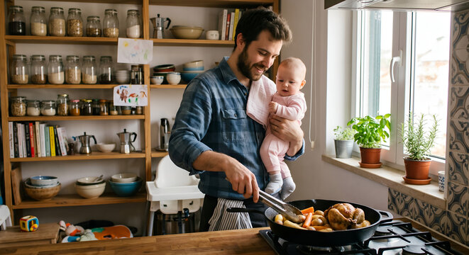 Smiling father holding his baby in one arm while cooking a meal in a bright kitchen