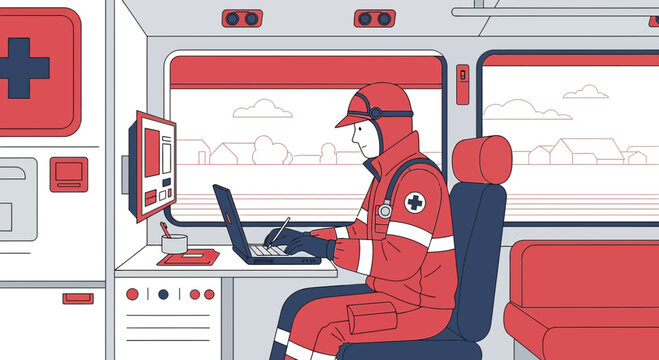Paramedic in Ambulance Using Laptop for Telemedicine and Health Records