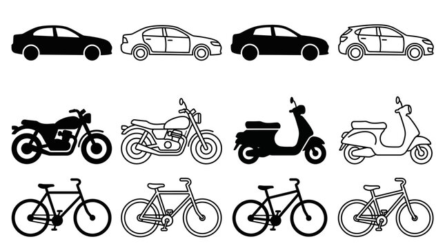 Vehicles icons cars motorcycles bicycles.