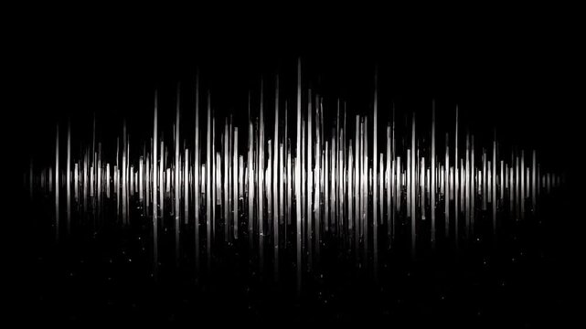 Animated digital audio equalizer with pulsating vertical white bars on black background, representing sound wave, rhythm, frequency, music, vibration, and data flow