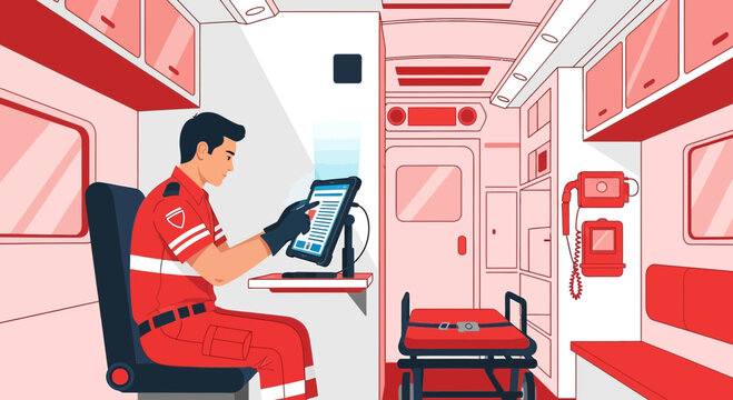 Paramedic Using Tablet Inside Ambulance, Modern Healthcare Technology