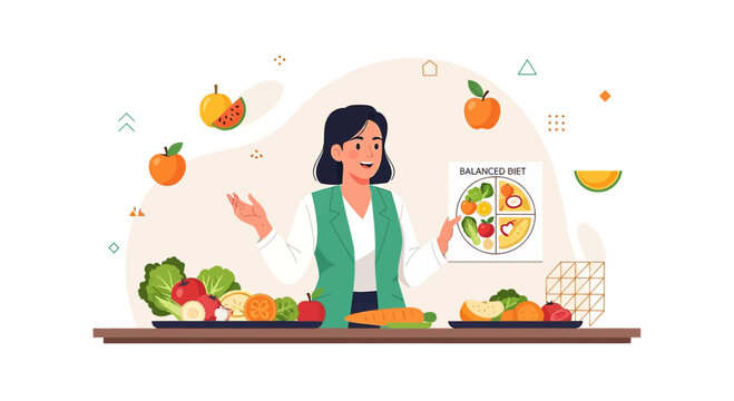 Nutritionist Explains Balanced Diet with Food Pyramid Chart and Fresh Produce