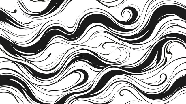 Seamless pattern background, featuring abstract wavy, lines and swirling, curvy shapes in, black and white colors