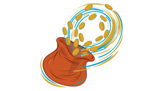 Wondrous hermetic satchel overflowing with spiraling brass currency; this linear graphic offers modifiable paths and adjustable border widths for custom mythological game assets.