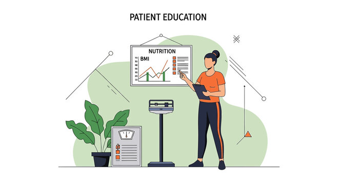 Nutritionist explains BMI chart and weight loss to patient, patient education concept