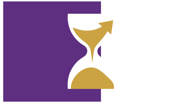 Inventive sand-timer graphic where gilded particles create a rising pointer within a violet frame; denotes chronological organization, advancement, and development in a modern style.