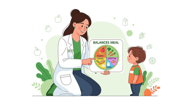 Nutritionist teaching child about balanced meal plan with colorful food chart