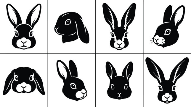 Collection of eight black and white featuring rabbit and bunny heads in various poses and angles on a plain white background, for projects