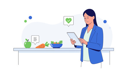Fototapeta premium Nutritionist using tablet for healthy eating plan, digital health record, online consultation