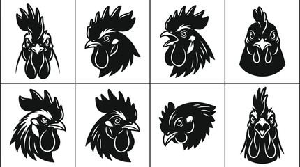 Collection of eight black and white rooster head showing different expressions and angles for farm animal © Md