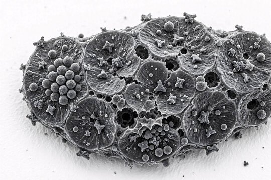 Scanning electron micrograph of parasitic microspores and organic cellular structures