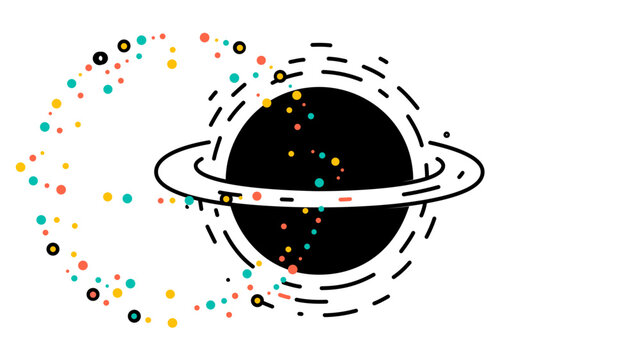 Stylized event horizon diagram with a central abyss and surrounding star field; minimalist astronomical vector with modifiable contours for deep space science and galaxy education materials.