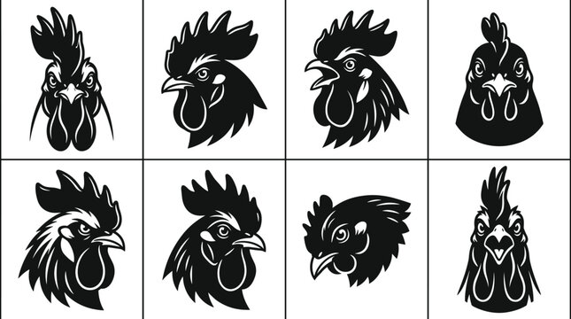Collection of eight black and white rooster head showing different expressions and angles for farm animal