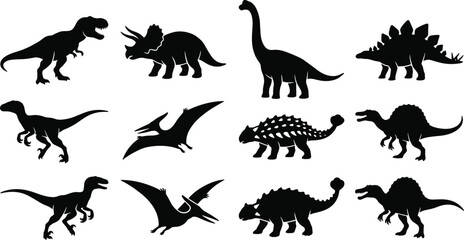Set of twelve black dinosaur silhouettes including tyrannosaurus rex, triceratops, brachiosaurus, stegosaurus, pterodactyl, and ankylosaurus on a white background © Md