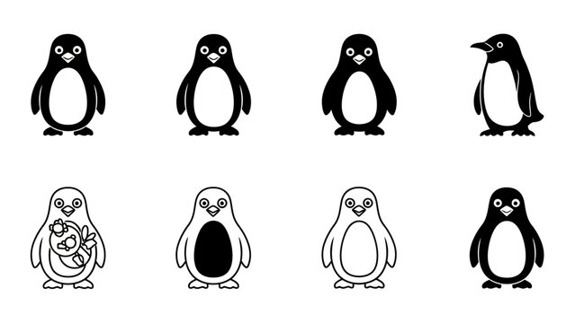 Collection of Cartoon Penguins in Black and White Vector Illustration Varied Design Cute Animals