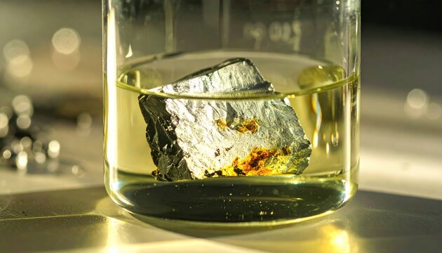 A solid chunk of silvery lithium metal submerged in protective mineral oil within a laboratory glass beaker