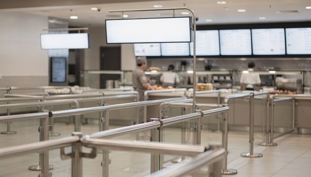 Image of a cafeteria singleline queue design highlighting prominent signs and clean rails with the background of busy staff and menu displays softly blurred.