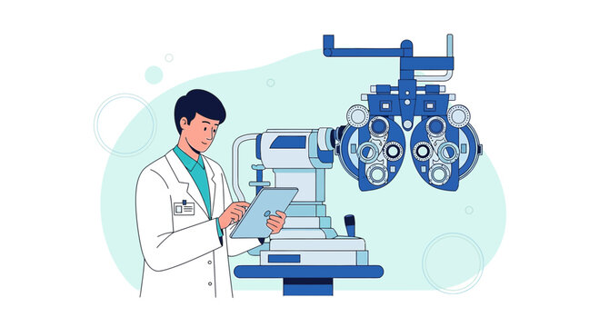 Ophthalmologist examining patient with eye exam equipment, modern clinic illustration