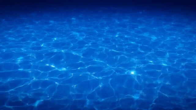 Deep blue water surface with shifting light caustic patterns, representing fluidity, tranquility, depth, calmness, reflection, abstraction, and aquatic serenity