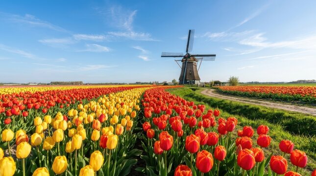 Colorful tulip field with a windmill in a spring Netherlands landscape. This garden nature travel scene features red and yellow