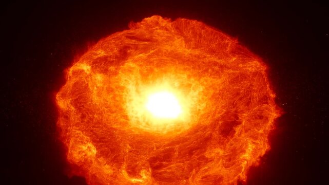 Molten core expanding into a glowing sphere of fire and plasma, representing solar energy, celestial formation, cosmic power, destruction, and thermal intensity